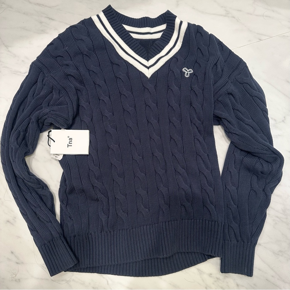 Navy Cable Knit Sweater with White Accents